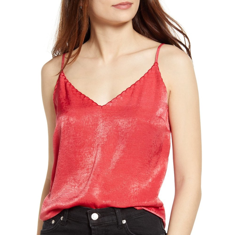 NWT Bp. Women's Scalloped Satin Camisole V-Neck Tank Top Red Size S $25 C624